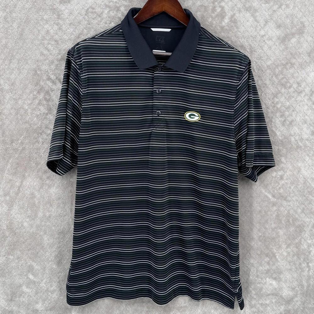 Green Bay Packers Shirt Mens Large Black NFL Football Cutter & Buck Polo Striped